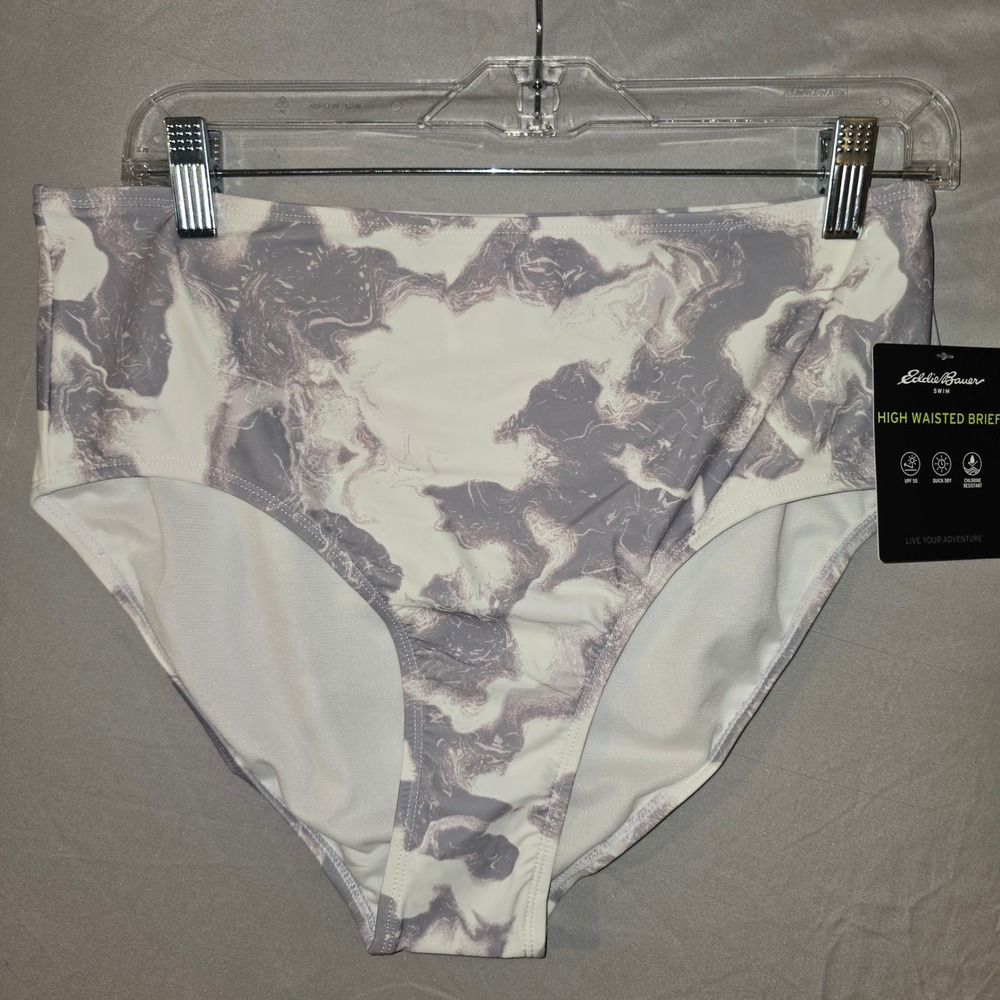 Eddie Bauer Swim Bottoms Womens L Pale Pink grey Marble High Waisted Brief NWT